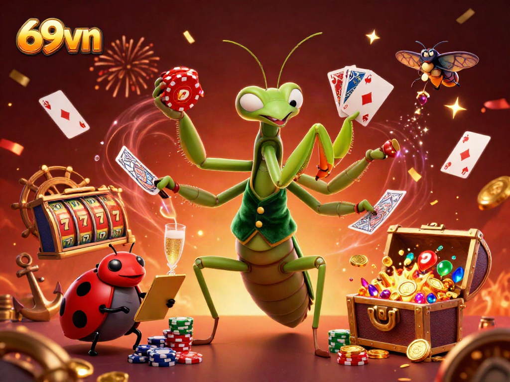 Experience the thrilling energy of 69vn with vibrant casino action featuring giant mantis dealers and slot games.