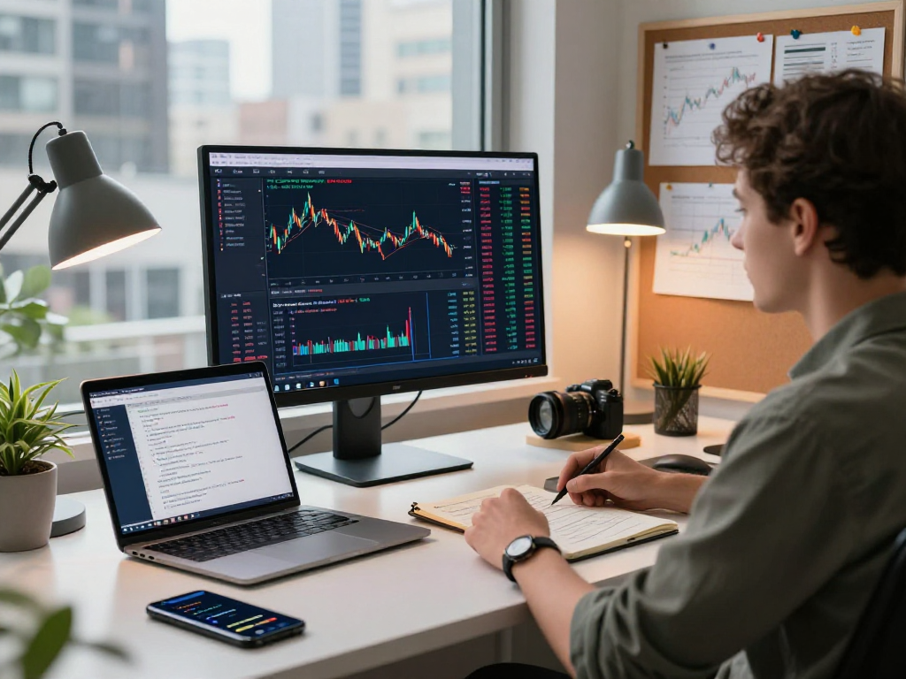 S&P 500 quote API live data displayed on a developer's monitor in a modern workspace, reflecting financial technology.