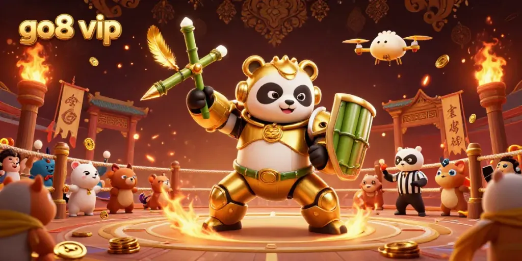 Engage in action at go8 vip with a vibrant 3D scene featuring a golden panda mech battling in a dynamic casino-themed arena.