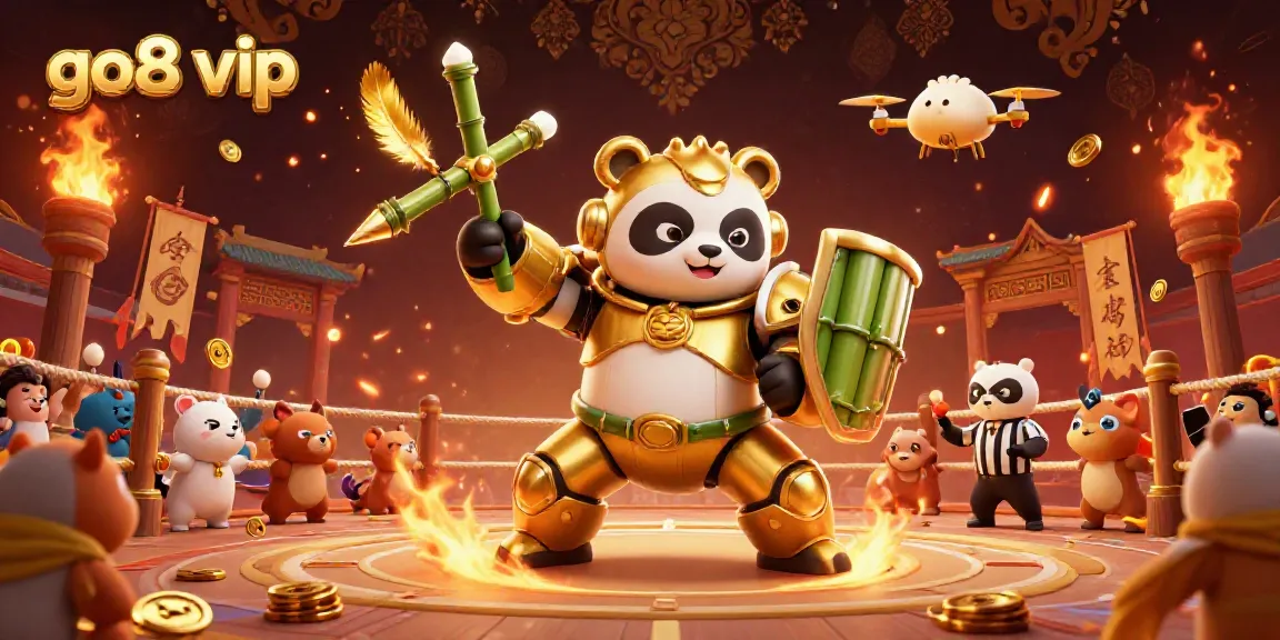 Engage in action at go8 vip with a vibrant 3D scene featuring a golden panda mech battling in a dynamic casino-themed arena.