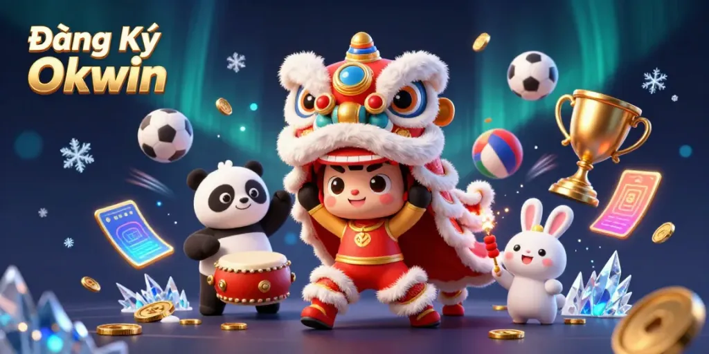 Experience thrilling action with Đăng Ký Okwin as vibrant 3D characters celebrate in an exciting casino setting.