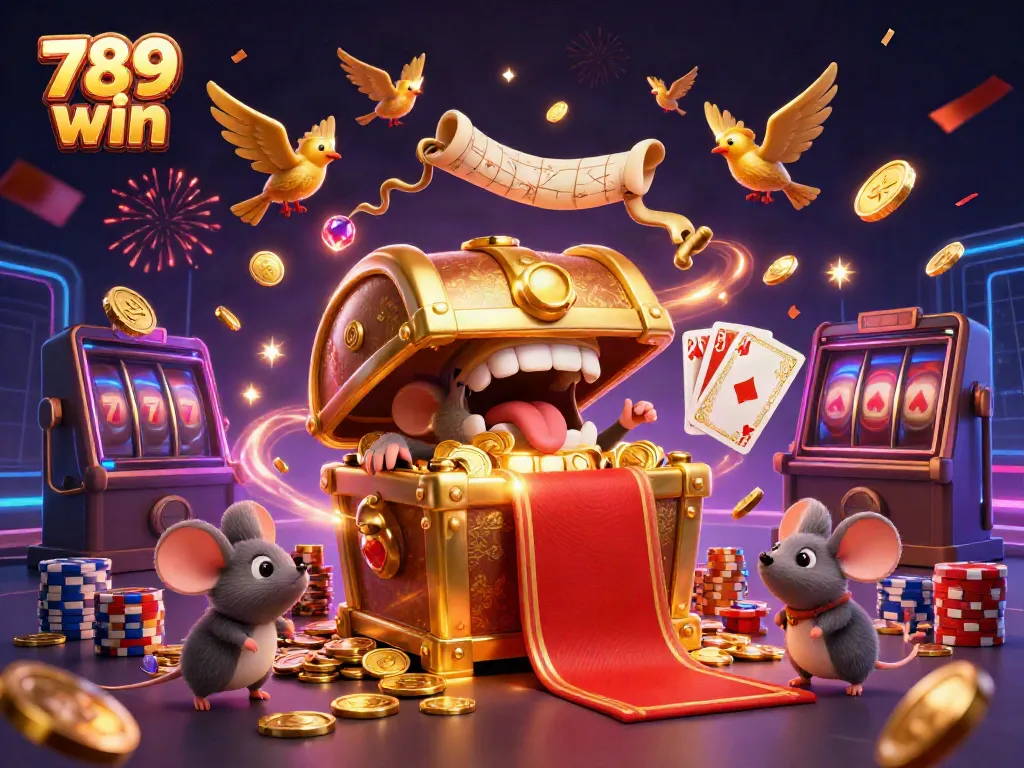 Experience the thrill of 789 win with a vibrant 3D casino scene featuring treasures and games.