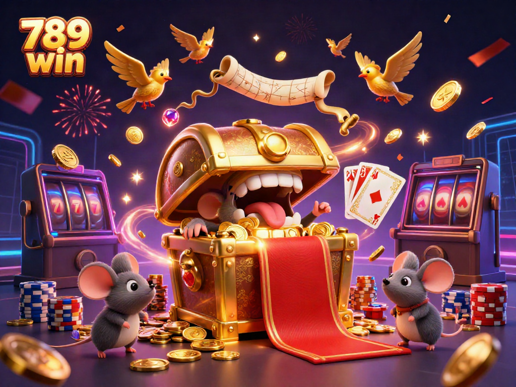 Experience the thrill of 789 win with a vibrant 3D casino scene featuring treasures and games.