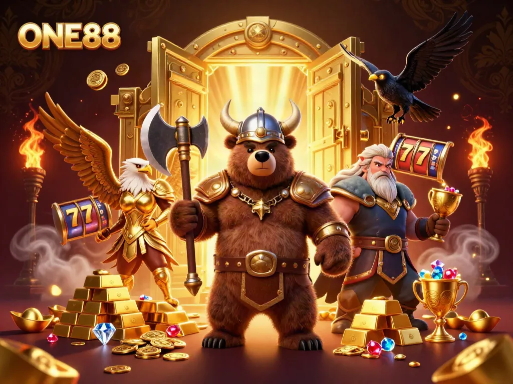 Engaging ONE88 illustration showcasing rich casino elements with Viking and Valkyrie characters amidst treasures.