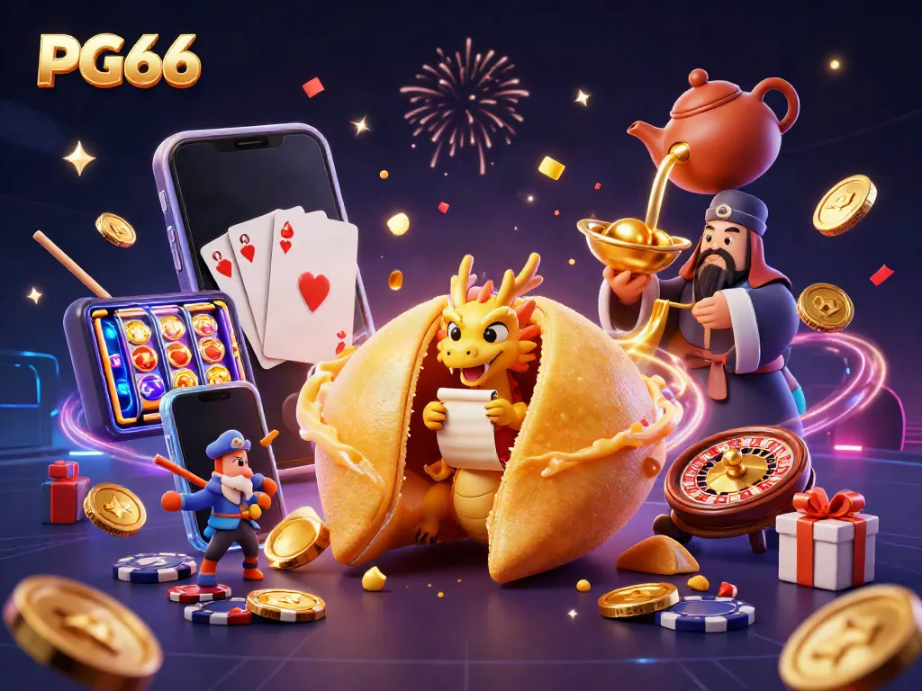 Experience the vibrant world of PG66 with a golden fortune cookie, wise dragon, and dynamic casino elements.