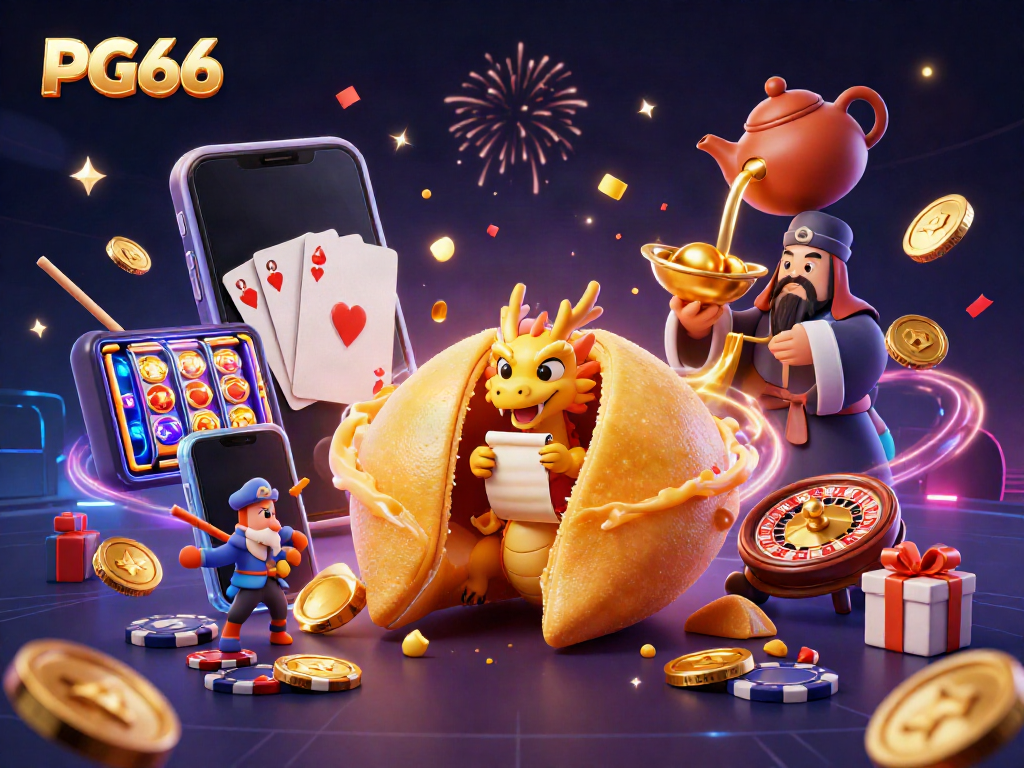 Experience the vibrant world of PG66 with a golden fortune cookie, wise dragon, and dynamic casino elements.