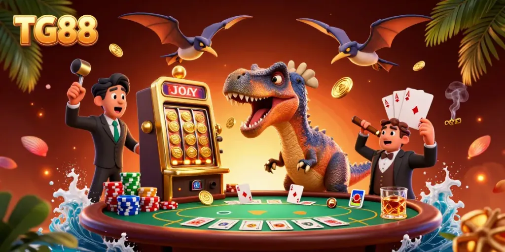 Engage with exciting gaming action at TG88, as a cartoon dinosaur triggers a jackpot from a slot machine.