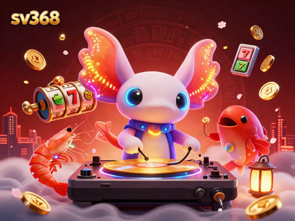 Engage with sv368’s vibrant casino scene featuring neon axolotl DJ and joyful aquatic dancers.