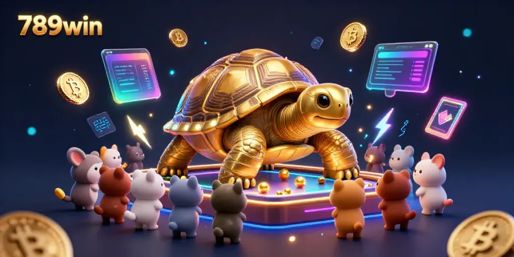Engage with the vibrant casino world of 789win, dominated by a colossal golden tortoise and crypto elements.