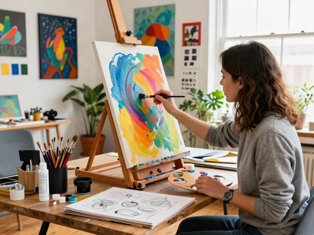 Artistic process in action: Image To Image painting scene in a vibrant studio.