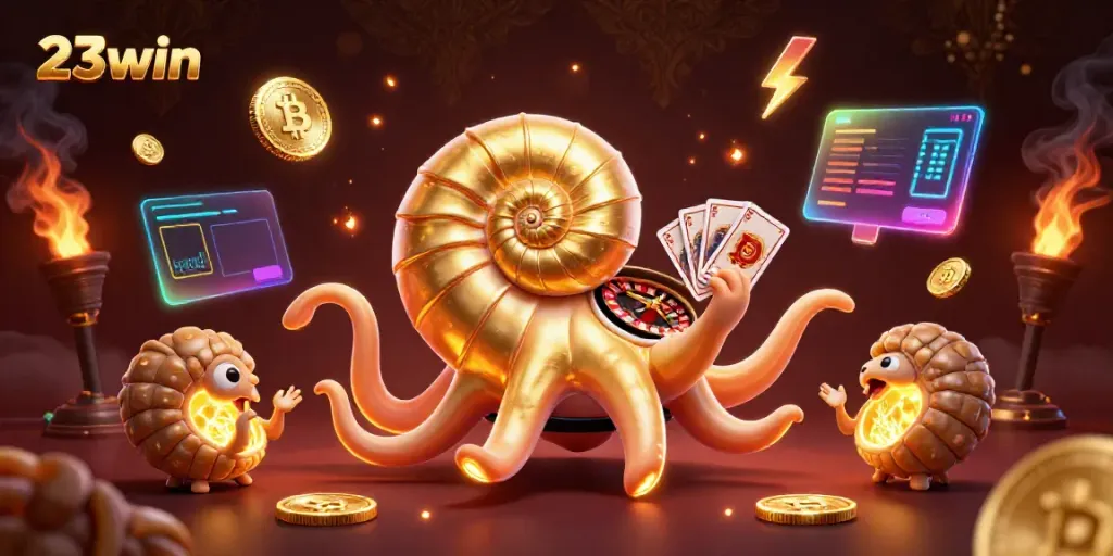 Engage with the vibrant world of 23win, featuring a cartoon nautilus roulette and glowing crypto elements.