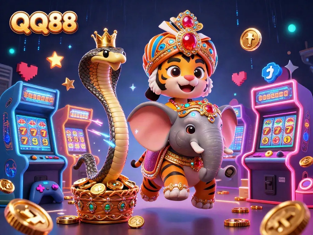 Engage with QQ88 through an exciting 3D casino illustration showcasing vibrant gaming elements.