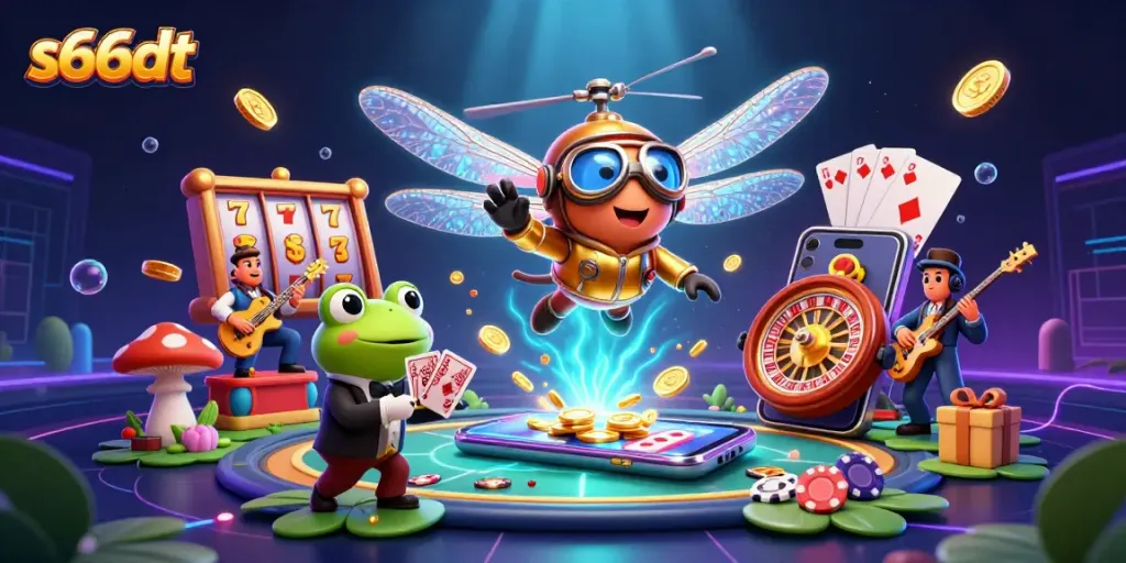 Experience thrilling s666dt action with a lively casino scene featuring vibrant slot games and jazz musicians.