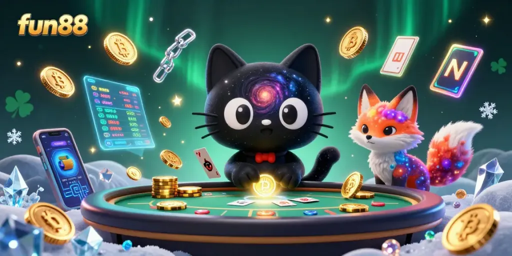 Experience fun88's dynamic gambling scene with a cat and fox amidst crypto elements.