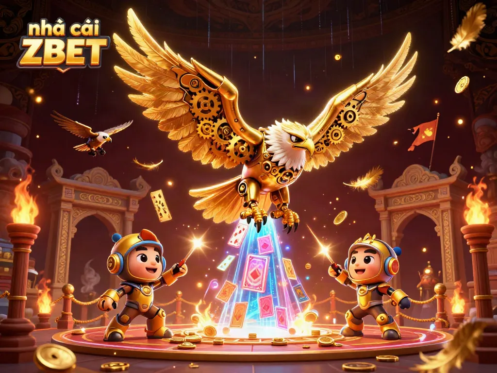 Experience the thrill of nhà cái ZBET with a cybernetic eagle amidst holographic cards in a vibrant casino scene.