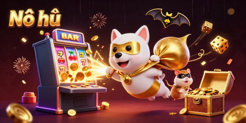 Nổ hũ game illustration featuring superhero dog and hamster with gold coins and slot machine, dynamic casino action.