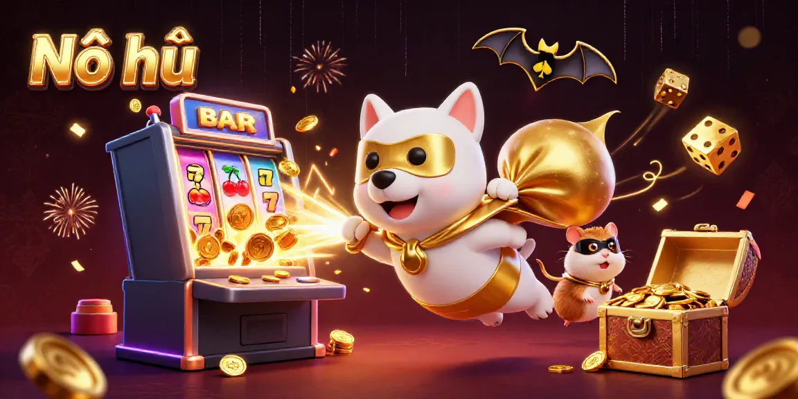 Nổ hũ game illustration featuring superhero dog and hamster with gold coins and slot machine, dynamic casino action.