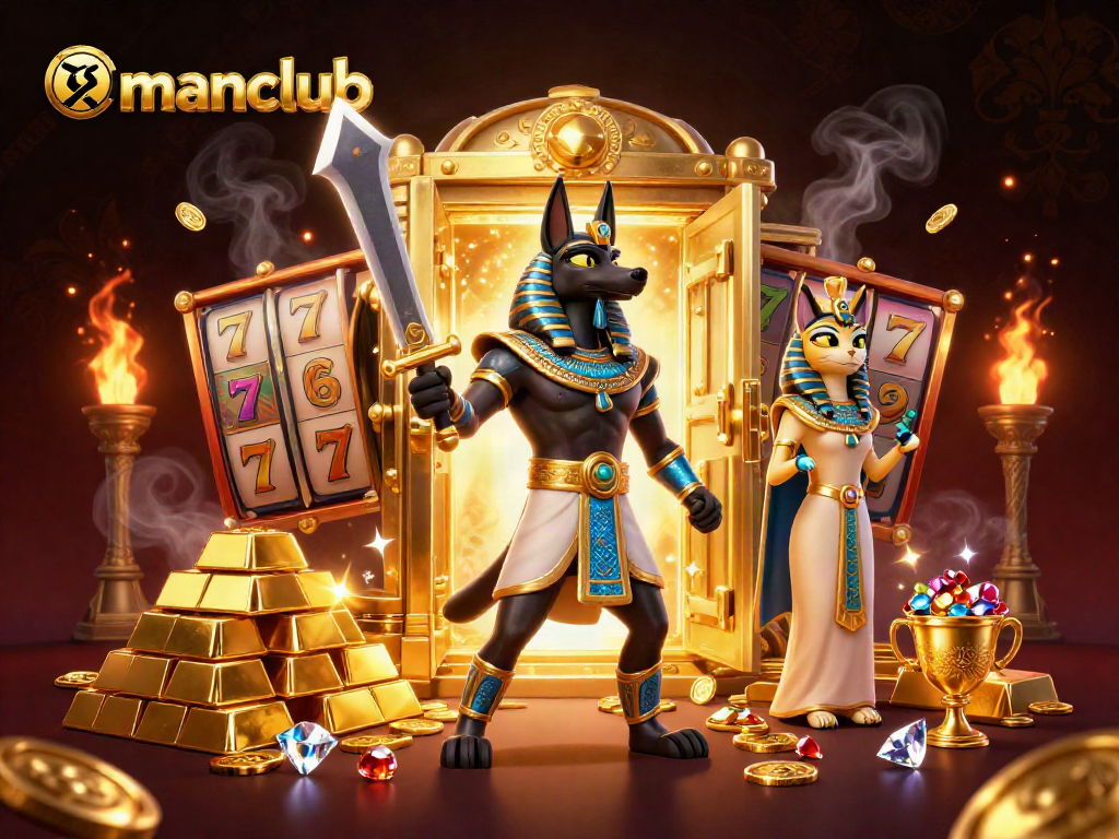 Experience thrilling gameplay at manclub with Anubis and Bastet amidst stunning golden treasures.