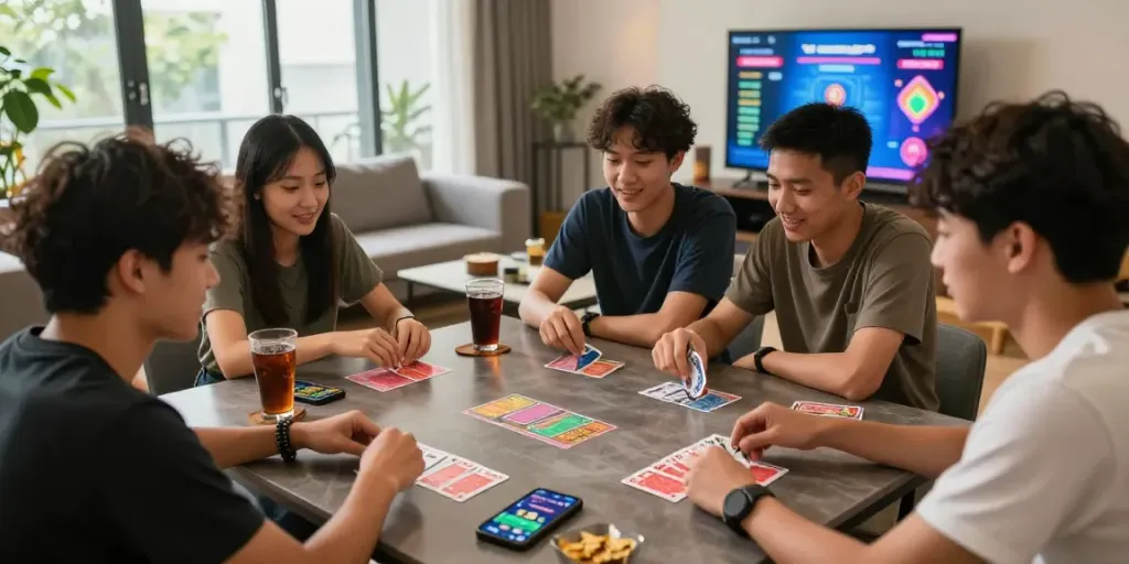 Friends enjoying an exciting game of 3 patti no1 in a cozy urban living room.