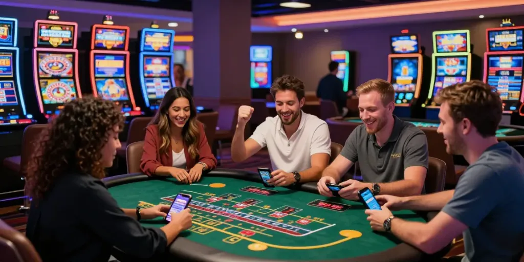 Exciting casino scene showcasing players enjoying bonus sans depot casino games in a vibrant and modern setting.