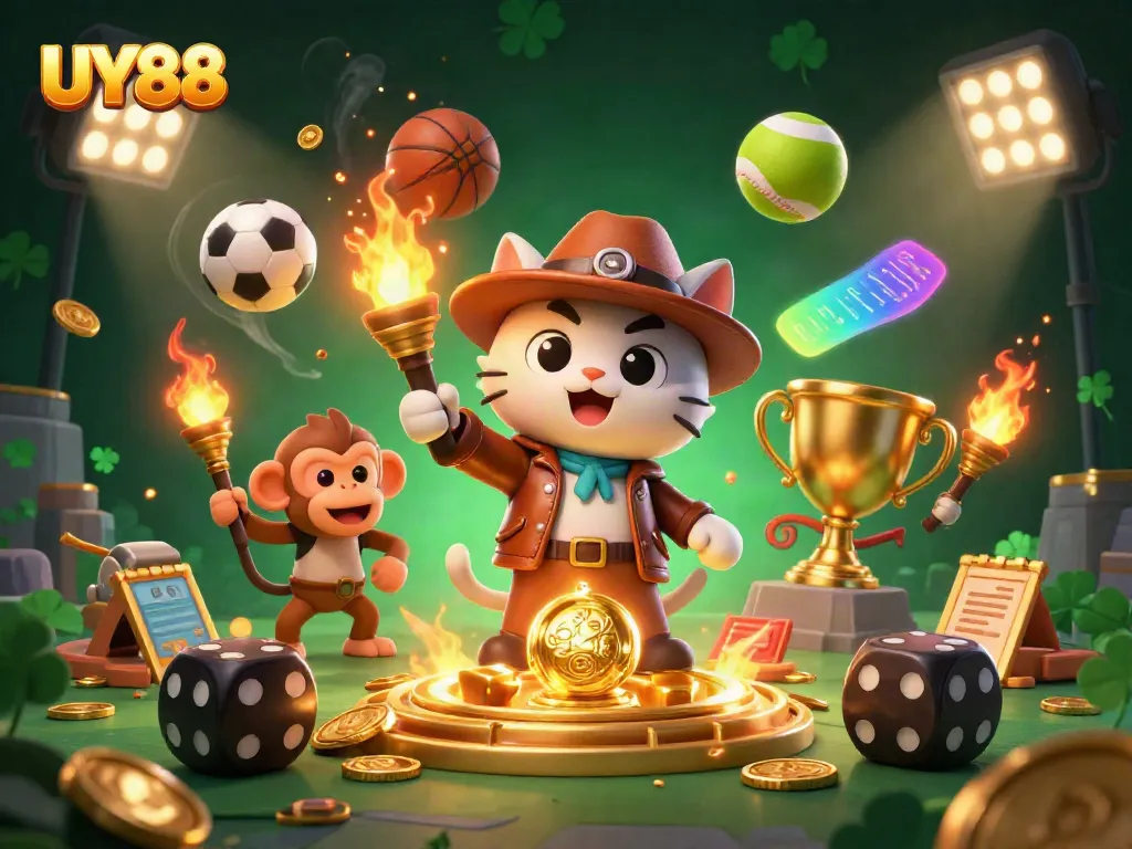 Experience thrilling gameplay at UY88 with an adventurous cat uncovering casino treasures.