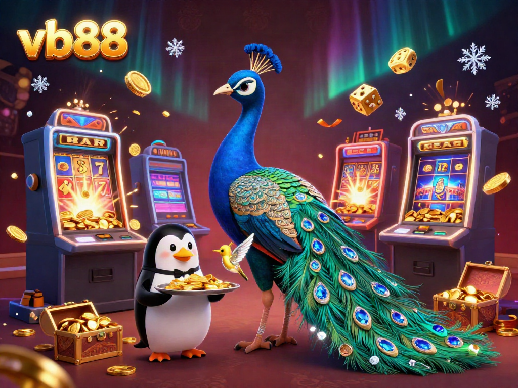 Experience the excitement of vb88 as the aristocratic peacock showcases treasures in a vibrant casino scene.