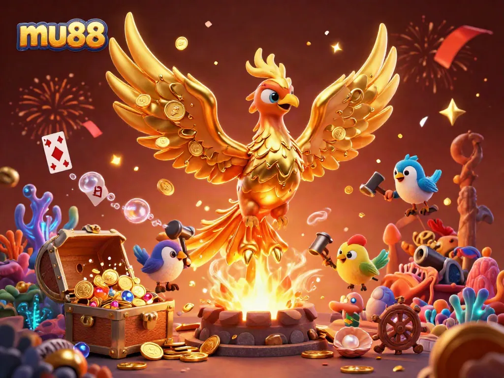 Experience thrilling wins at mu88 with a molten golden phoenix and vibrant casino elements.