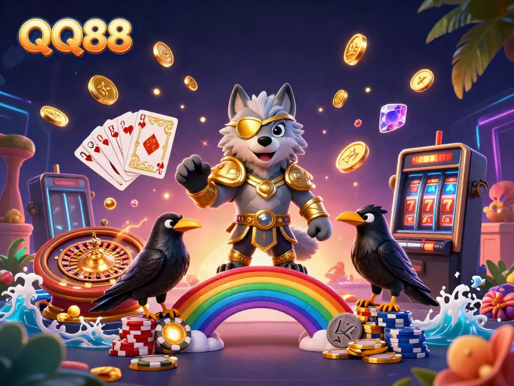 Experience the excitement of QQ88 with vibrant casino elements and mythological characters.