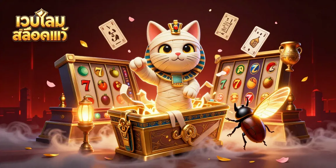 Engaging scene with a 3D cartoon Egyptian mummy cat and scarab beetle surrounded by slot game elements representing เว็บเกมสล็อตแท้