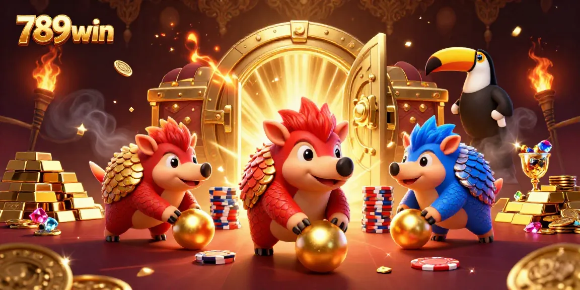 Rival pangolins compete in a dynamic game scene at 789win casino with golden treasures and poker stacks