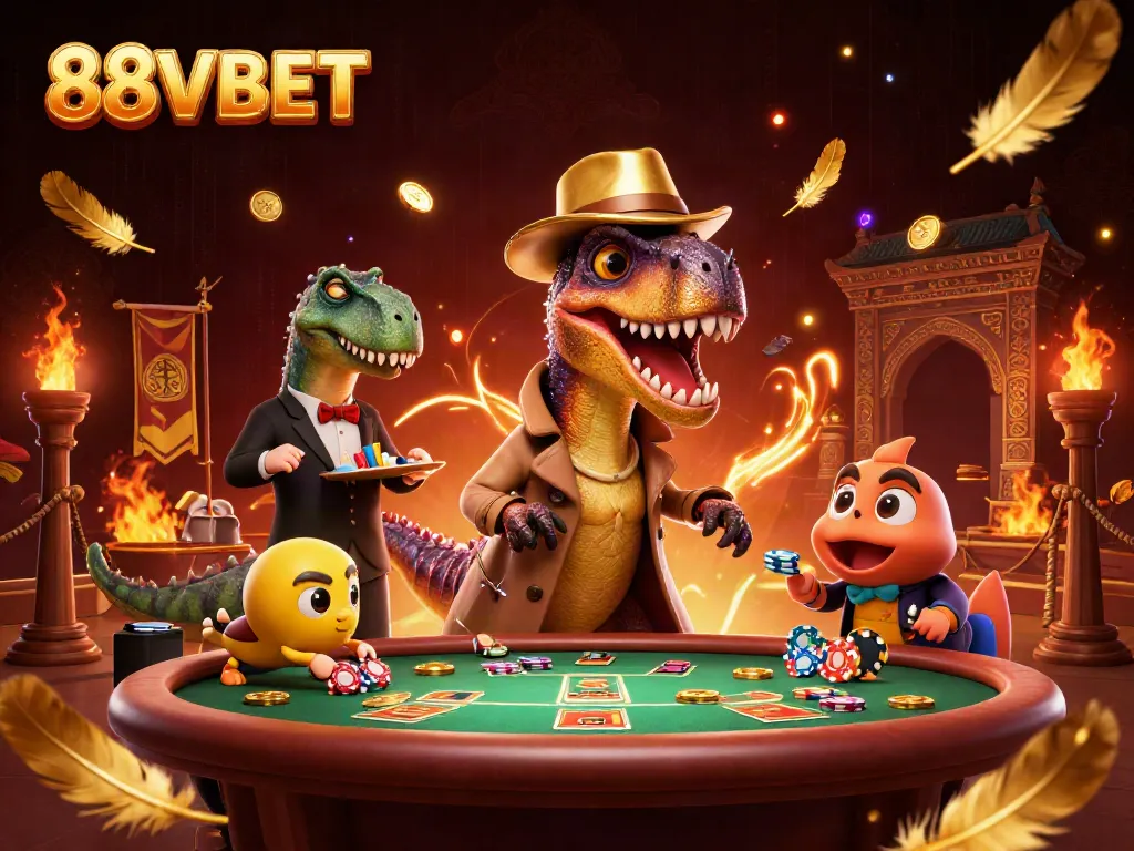 88VBET velociraptor card counter and stegosaurus pit boss in dynamic casino scene.