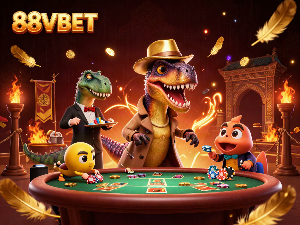 88VBET velociraptor card counter and stegosaurus pit boss in dynamic casino scene.