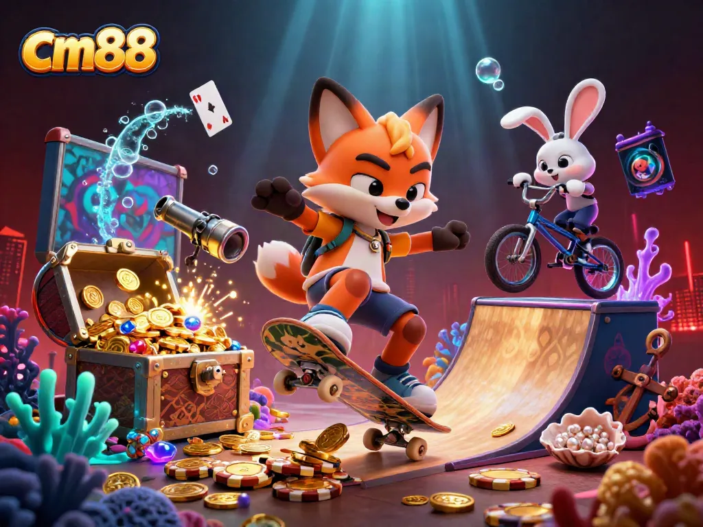 Watch the cm88 skateboarder fox performing tricks in a vibrant casino-themed illustration with gold coins.