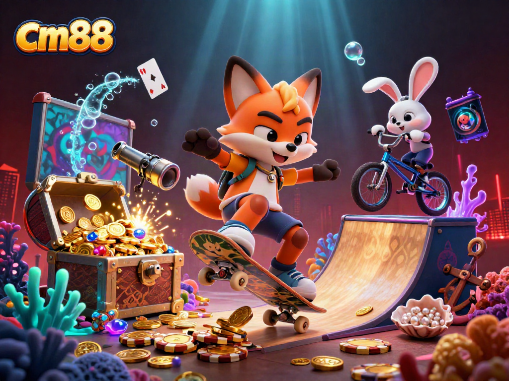 Watch the cm88 skateboarder fox performing tricks in a vibrant casino-themed illustration with gold coins.