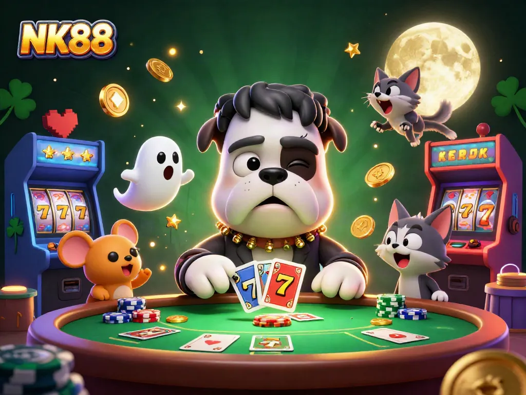 Join the fun with NK88 as the bulldog monster deals cards at a spooky casino-themed table!