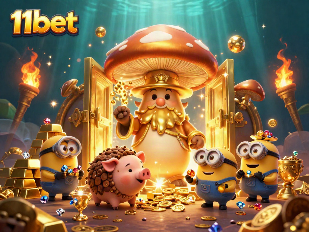 Experience the magic of 11bet with treasures and fantastical creatures in a vibrant casino theme.