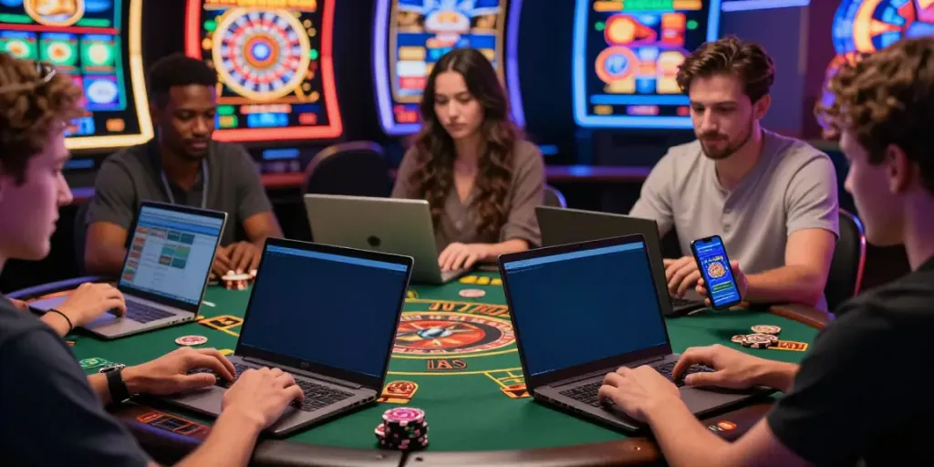 Engaging players enjoying a Casino sans Depot experience on laptops and mobile devices in a dynamic gaming atmosphere.