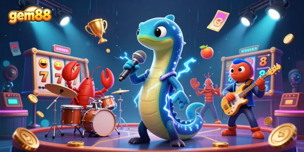 Experience excitement in gem88 with vibrant 3D illustration of a DJ electric eel and casino elements.