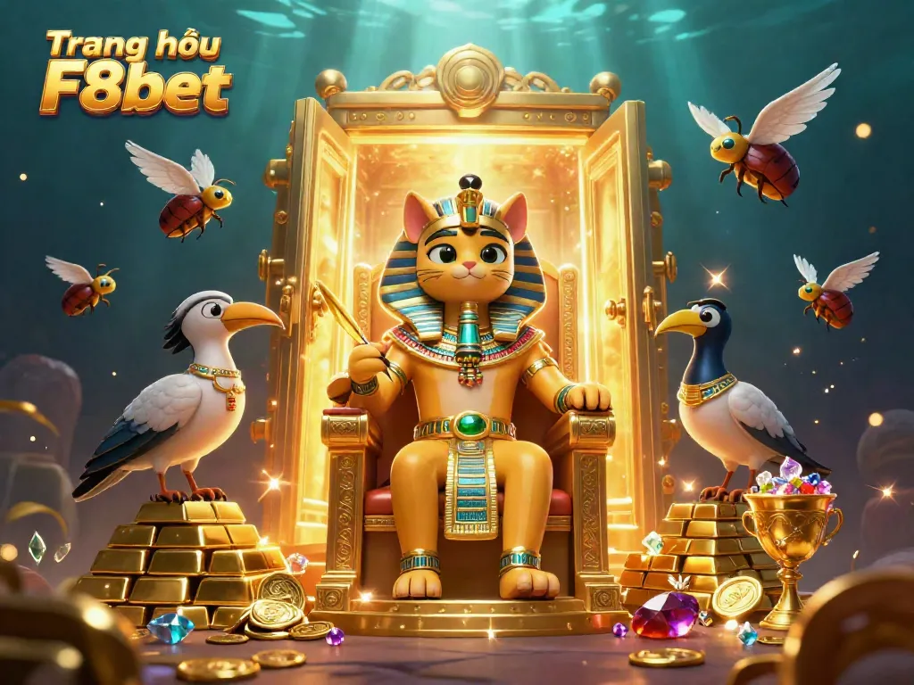 Experience excitement at the Trang chủ F8bet with a vibrant 3D scene showcasing an Egyptian pharaoh cat and treasure elements.