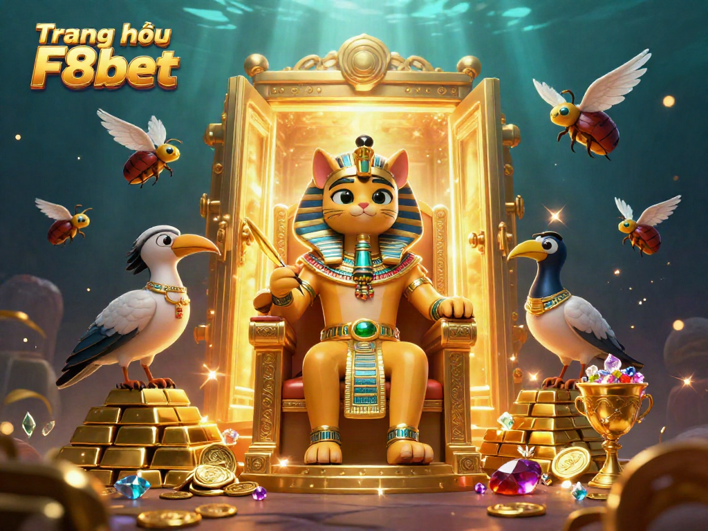 Experience excitement at the Trang chủ F8bet with a vibrant 3D scene showcasing an Egyptian pharaoh cat and treasure elements.