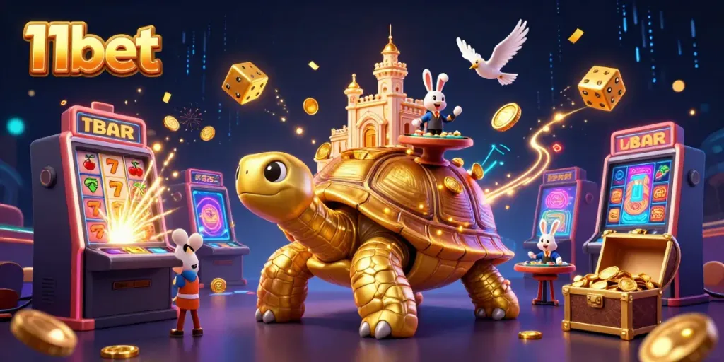 Experience the thrill of 11bet with a vibrant casino scene featuring a tortoise and rabbit dealer.
