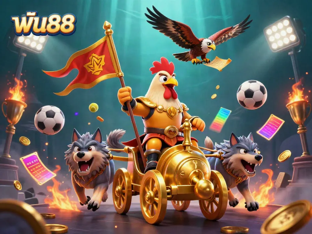 Engage with ฟัน88 in a dynamic casino scene featuring a rooster warlord and sports betting elements.