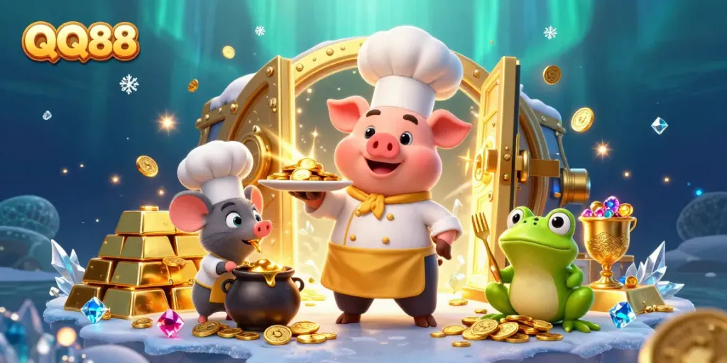 Experience the excitement of winning at QQ88 with a vibrant casino scene featuring gold coins and characters.