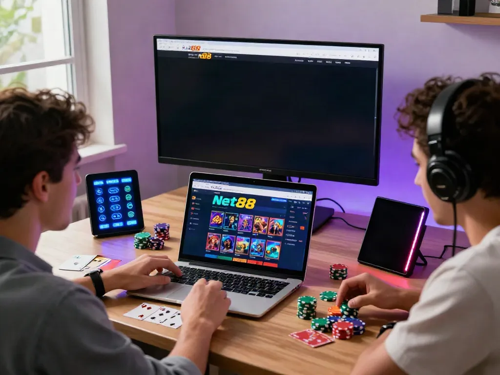 Player immersed in Net88 betting platform with vibrant gaming setup