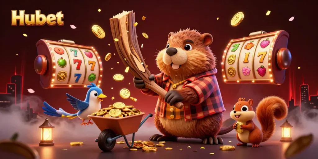 Hubet showcases a vibrant casino scene with a beaver, bird, and squirrel collecting golden coins.