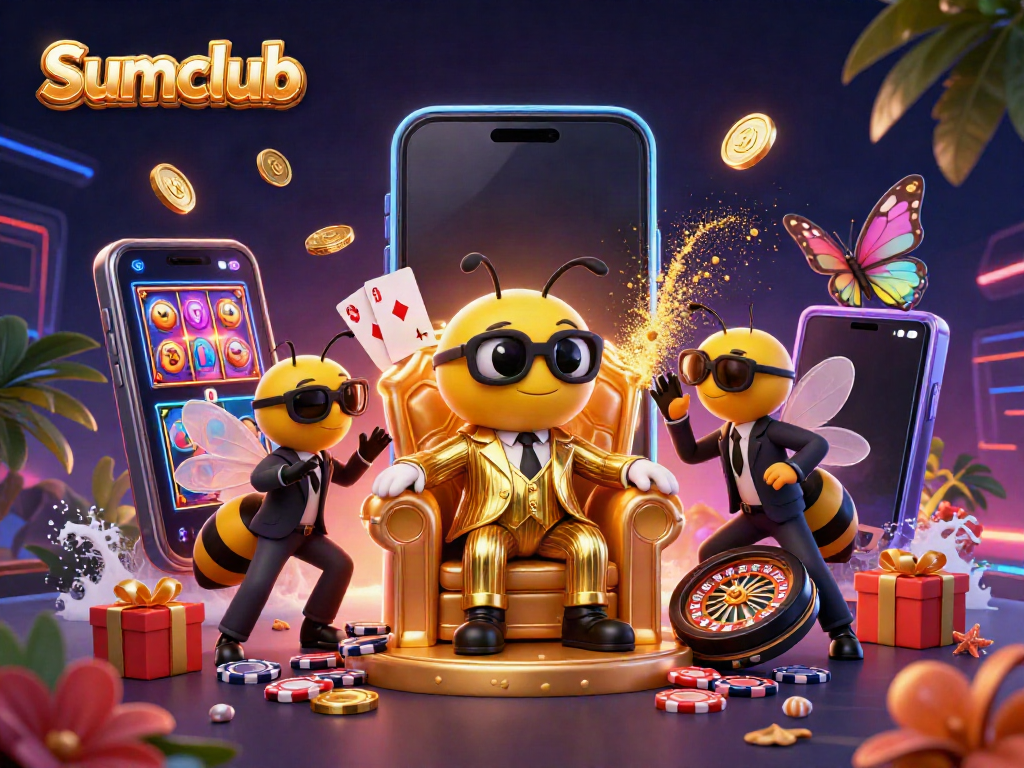 Engage with Sumclub's colorful 3D gaming scene featuring a cartoon mob boss and vibrant casino elements.