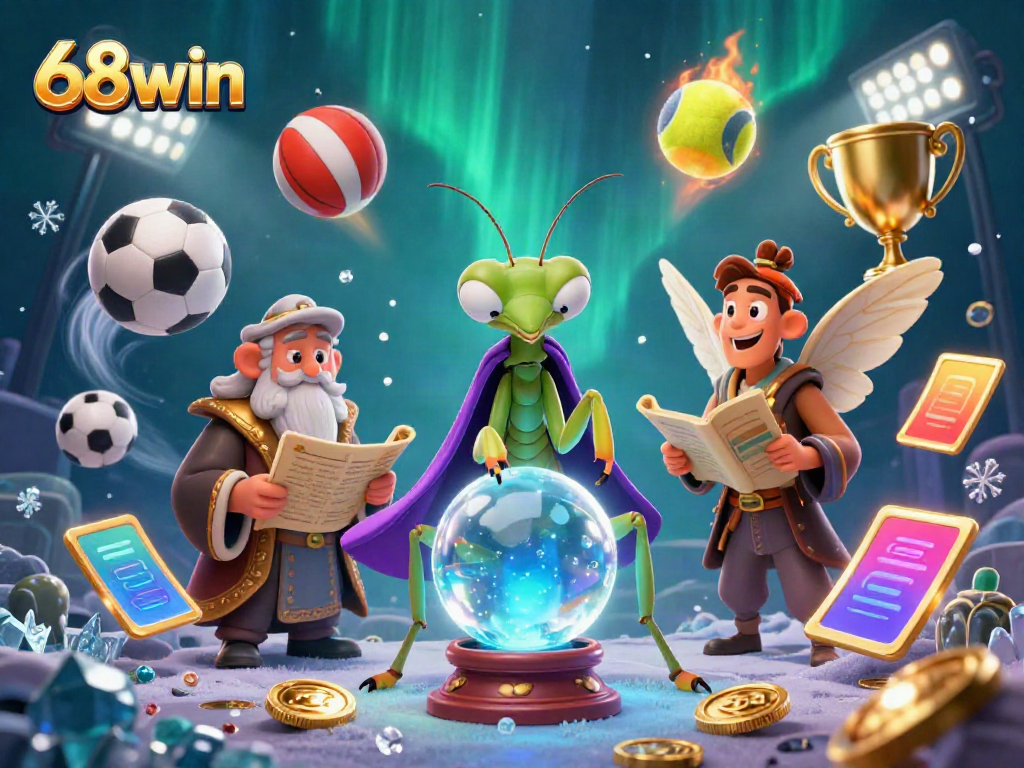 Engaging illustration of 68win with a fortune teller, librarian, and sports elements, promoting dynamic gameplay.