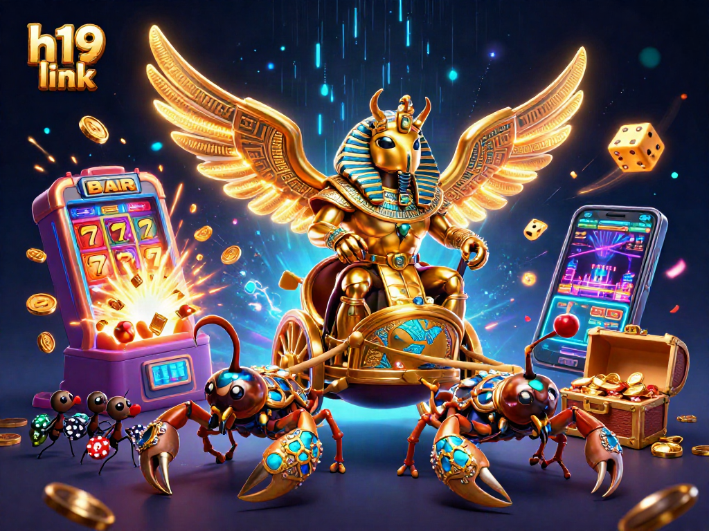 Experience the thrill of h19 link as colossal golden scarabs race in a dynamic casino scene filled with excitement.