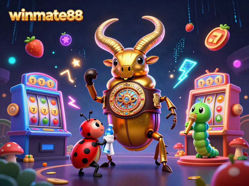 Engage with winmate88's casino excitement featuring a 3D golden stag beetle champion surrounded by vibrant slot machines.