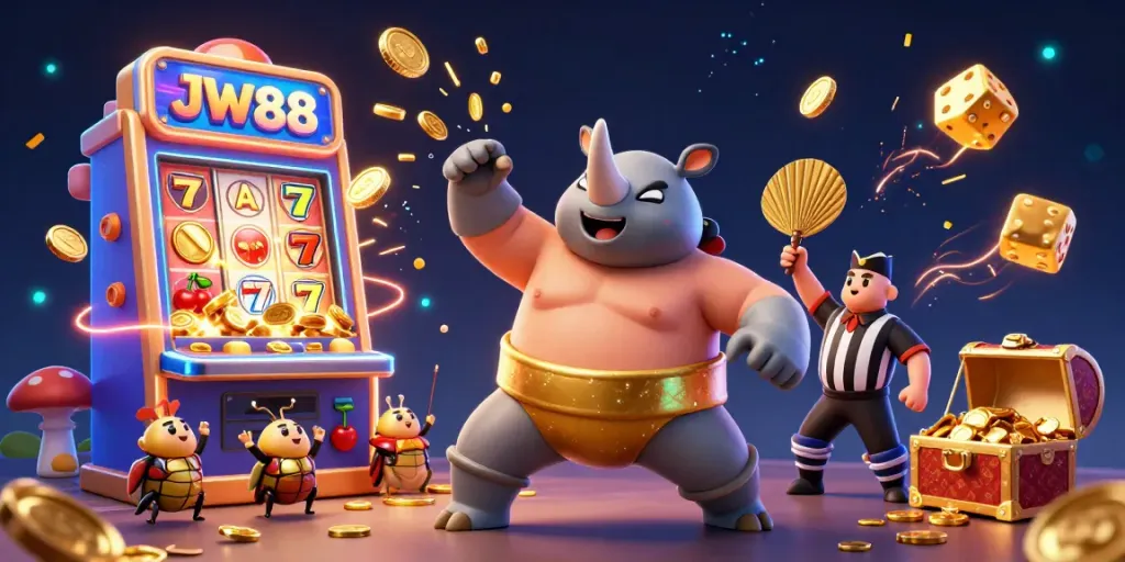 Experience the thrilling JW88 casino gameplay with the dynamic wrestling beetle scene, filled with energetic elements and jackpot excitement.